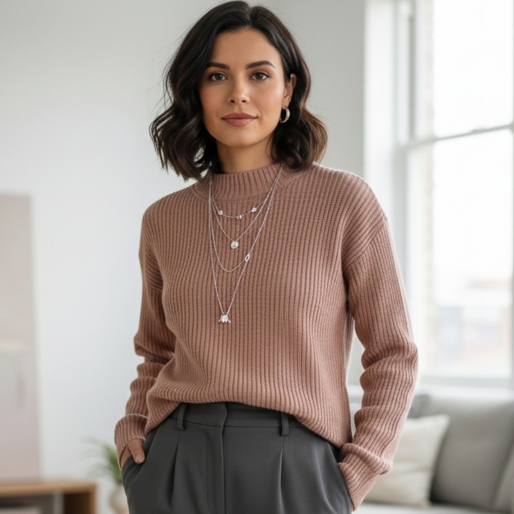 SELECTED FEMME L Modern Contemporary Minimalist Mock Neck Waffle Knit Sweater